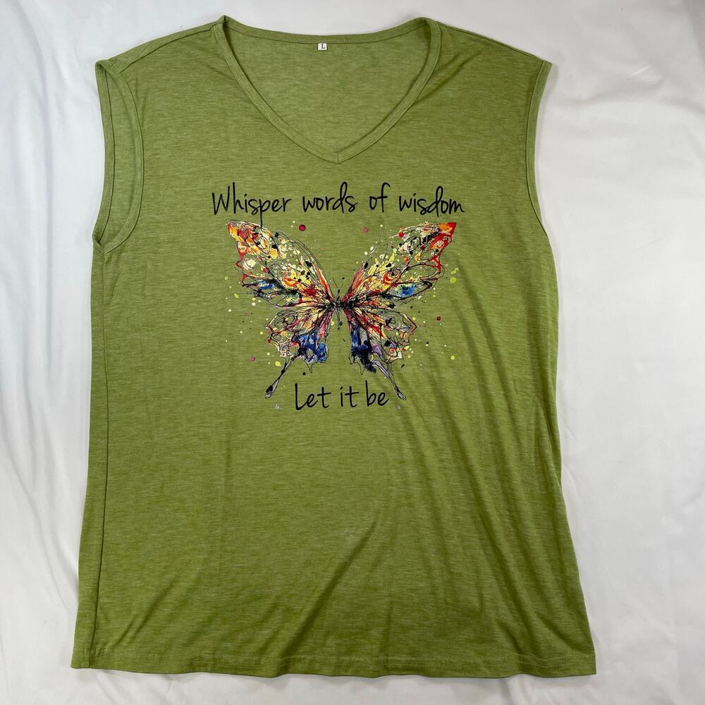 Olive Green V-Neck Butterfly Graphic Sleeveless Top